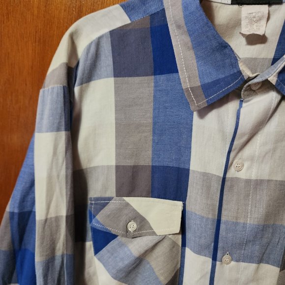 Men's XL Pop Icon White/Blue/Gray Plaid Long Sleeve Button Down Shirt USA Made - Picture 2 of 9